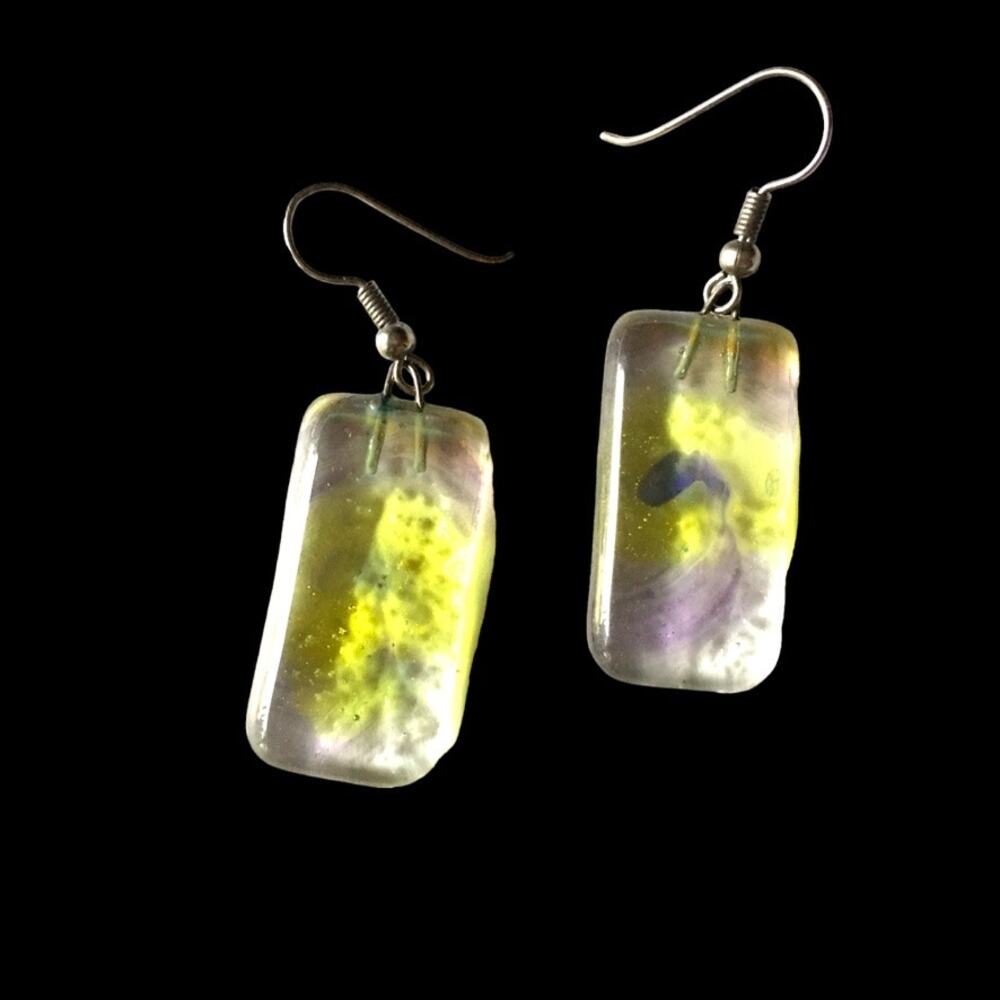 Artisan yellow and purple art glass earrings